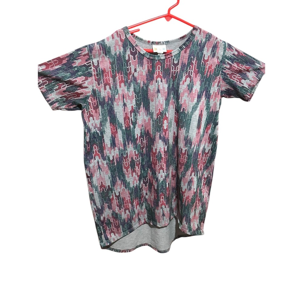 LuLaRoe Kids Size 14 Short Sleeve High Low Top Pink Green Gray Ikat‎ Geometric